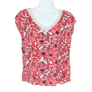 Goa COLLECTION viscose pink red floral v neck shirt Small K1